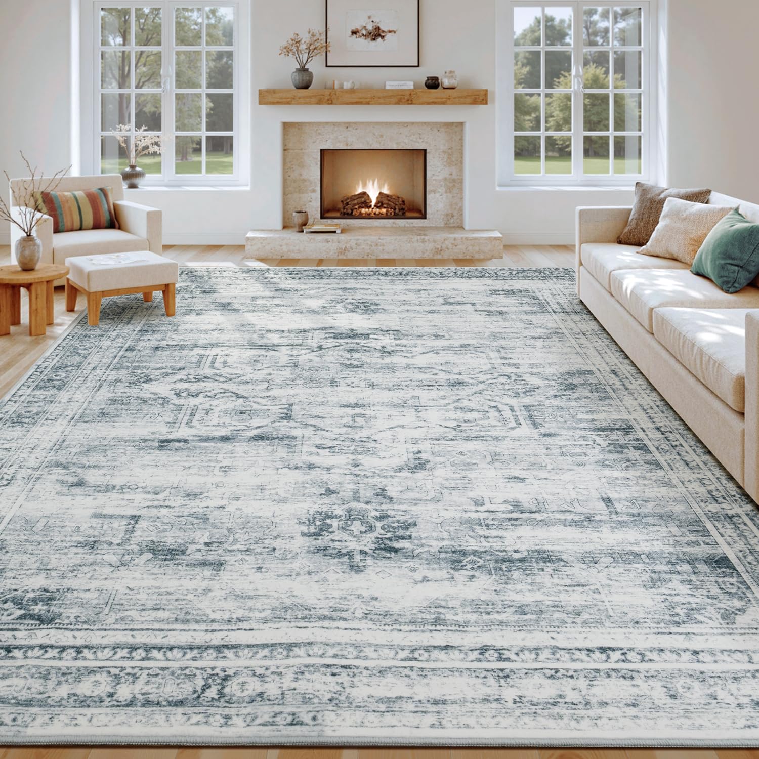 Vesper Collection · Grey Blue Washable Area Rug